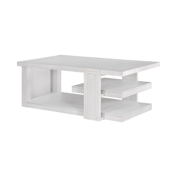 Dover 50"W Rectangle Cocktail Table w Storage Shelves in Cerused White Oak Wood