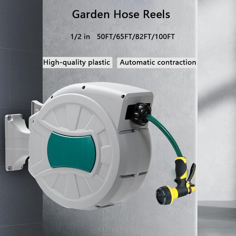 1/2 in x 65 ft Retractable Garden Hose Reel, 180° Rotatable Wall-Mounted Water Hose Reel with 8-Pattern Spray Nozzle, Auto-Rewind & Anti-Kink, for Garden Watering, Car Washing, Pet Bathing