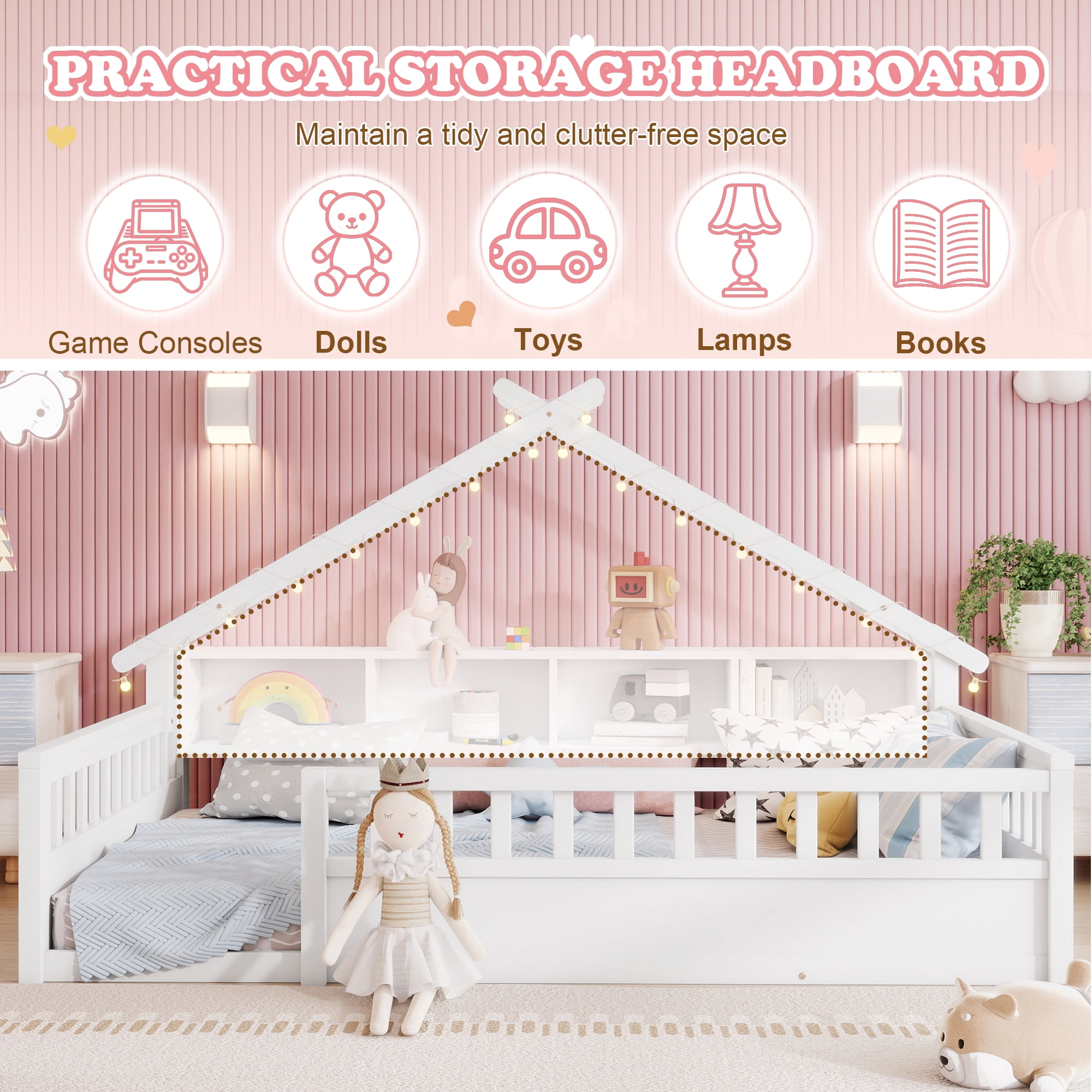 Mirightone Full Size Montessori Floor Bed with LED Light, Storage Bookcase & Safety Rail, Solid Pine Wood  House Floor Bed, No Box Spring Needed (White)