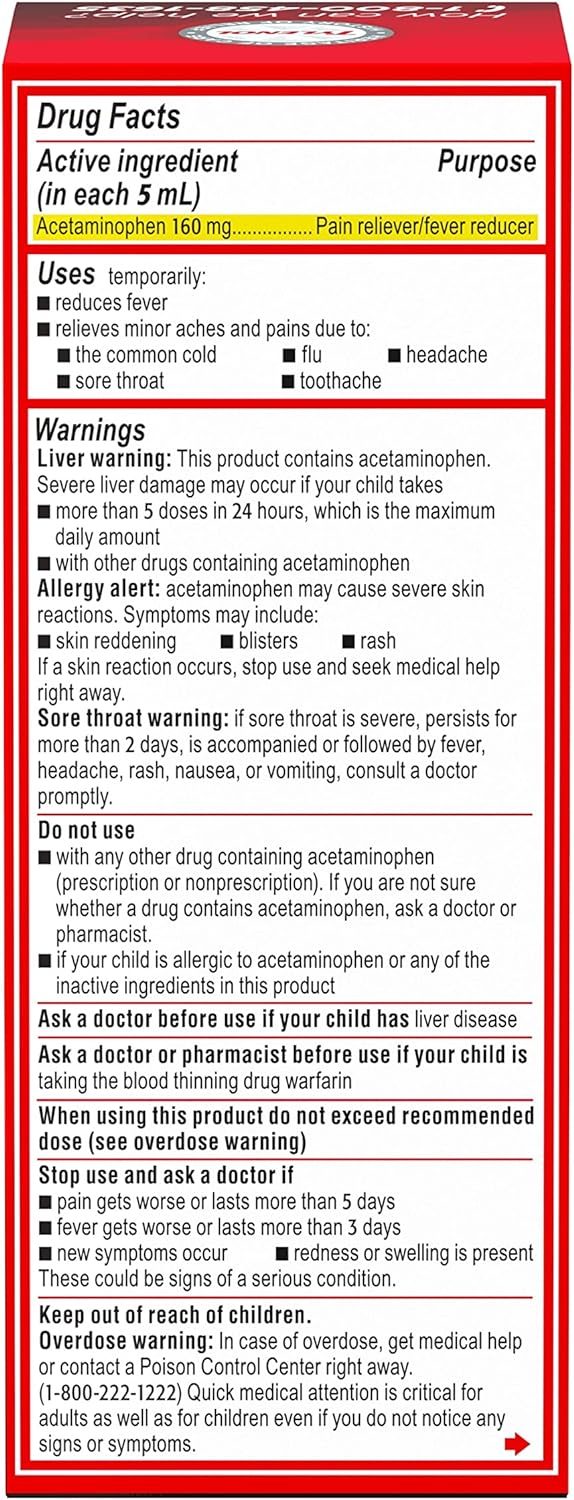Tylenol Children's Pain + Fever Medicine, Dye-Free, Cherry (4 Ounce, 2 Pack)