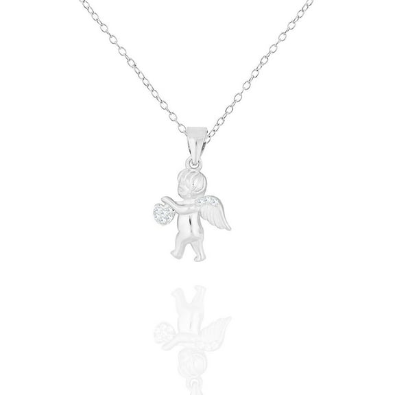 925 Sterling Silver White Clear CZ Love Heart Cupid Angel Pendant Necklace, 18"
