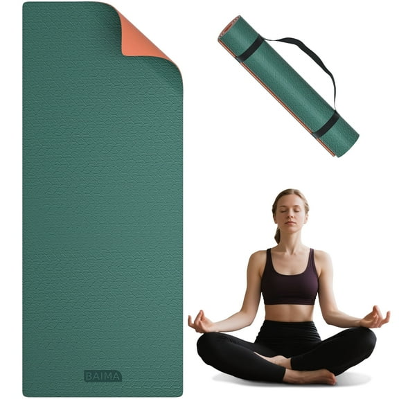 BAIMA TPE Yoga Mat - Tear-Resistant, Lightweight, Non-Slip Double-Sided Exercise Mat with Carry Strap(Green Orange)