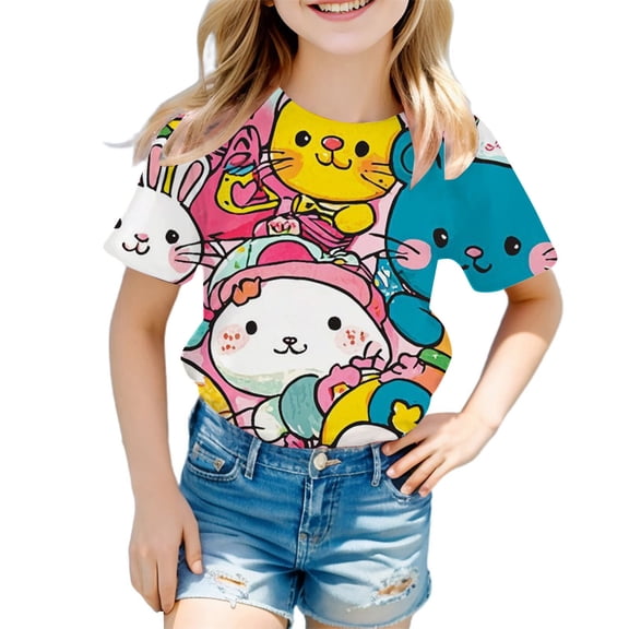 Rhuody Girl Easter T Shirts Short Sleeve Shirts Crew Neck Tee Cartoon Bunny Prints Tops Adorable Wear 12-13 Years Dark Blue
