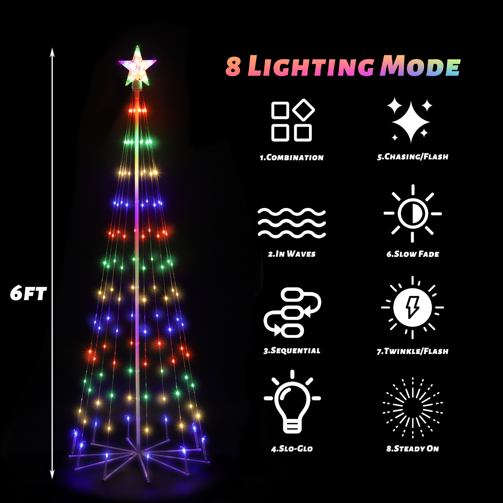 Oumilen Outdoor 6ft Lighted Christmas Tree LED Tree Solar Powered, Multicolor
