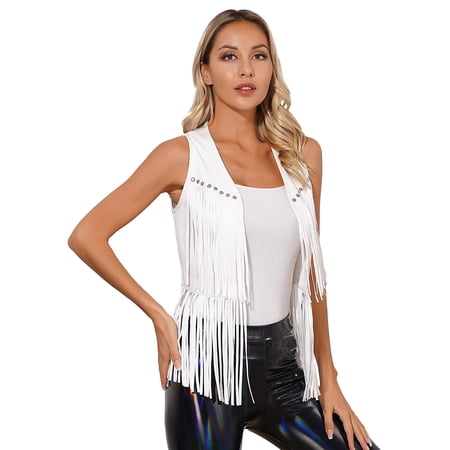 XUNZOO Women's Cowboy Cowgirl Costume Shiny Fringed Vest Waistcoat with Hat Halloween Party Outfit White S