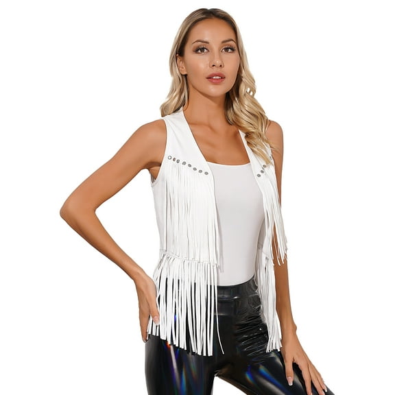 Oyolan Womens Hippie Costume Set 70s Cowgirl Sleeveless Tassels Fringed Vest Cardigan with Wide Brim White L