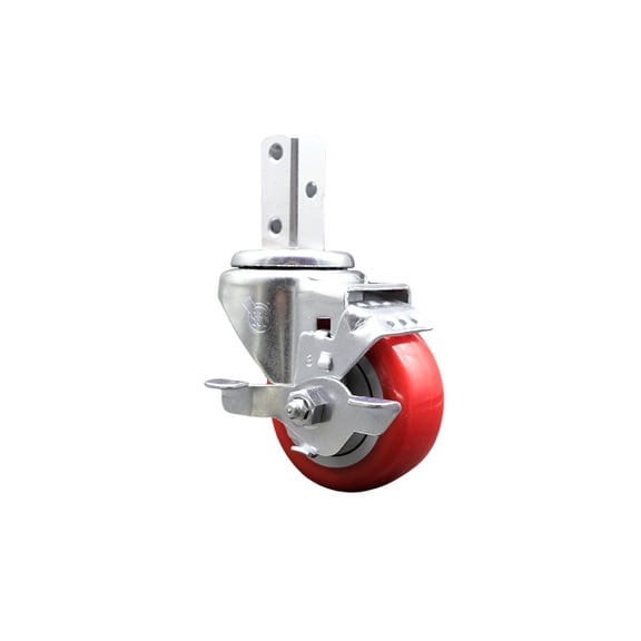 3 Inch Red Polyurethane Wheel Swivel 7/8 Inch Square Stem Caster with Brake