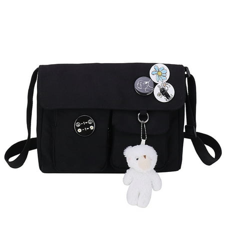 

GEjnmdty Canvas Crossbody Bags Kawaii Student Shoulder Bag (Black White Bear Pendant)