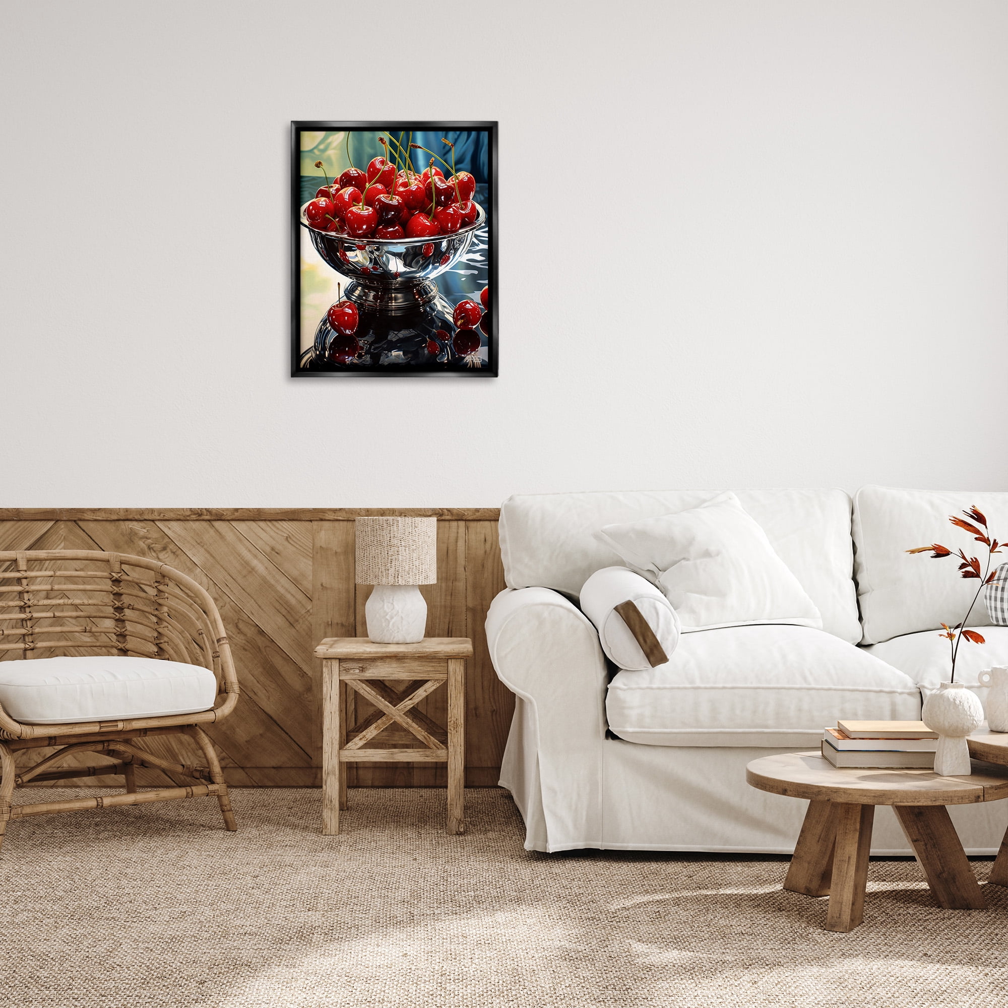 Stupell Industries Bowl of Cherries Reflection Food & Beverage Painting Black Floater Framed Canvas Art Print Wall Art, 25 x 31