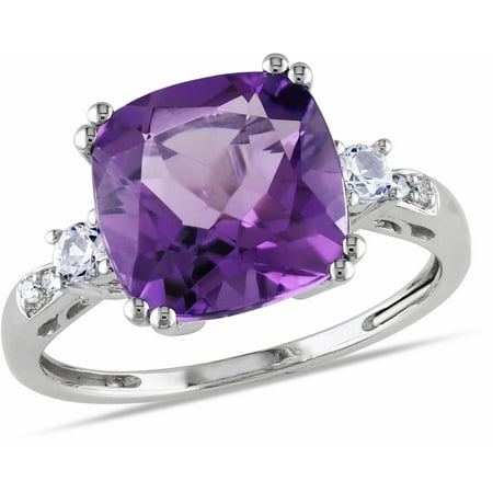 4-1/6 Carat T.G.W. Cushion-Cut Amethyst, Created White Sapphire and Diamond-Accent 10kt White Gold Cocktail Ring