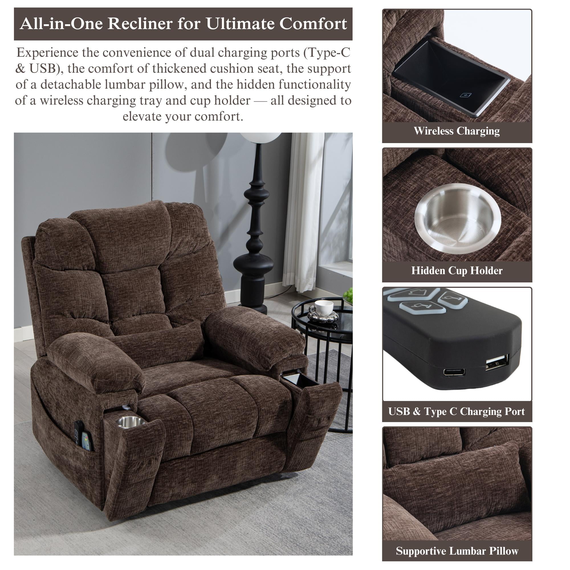 Power Lift Recliner Chairs for Elderly - Infinite Position Lay Flat Recliner with Heat & Massage Wireless Phone Charger - USB Type C Charging - Dual Motor Lift Chair 400 lbs