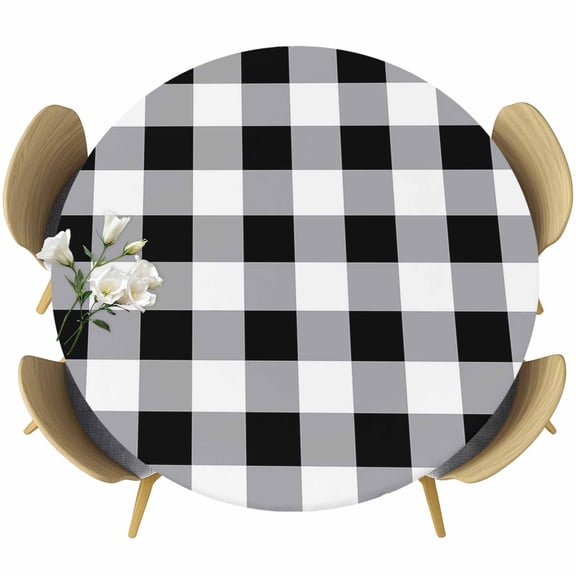 Vintage Farmhouse Fitted Tablecloth with Elastic Edged, Round Table Cloth for Dining Table, Black and White Checkered Waterproof Oil Proof Table Cover for Indoor Outdoor 45"-54"