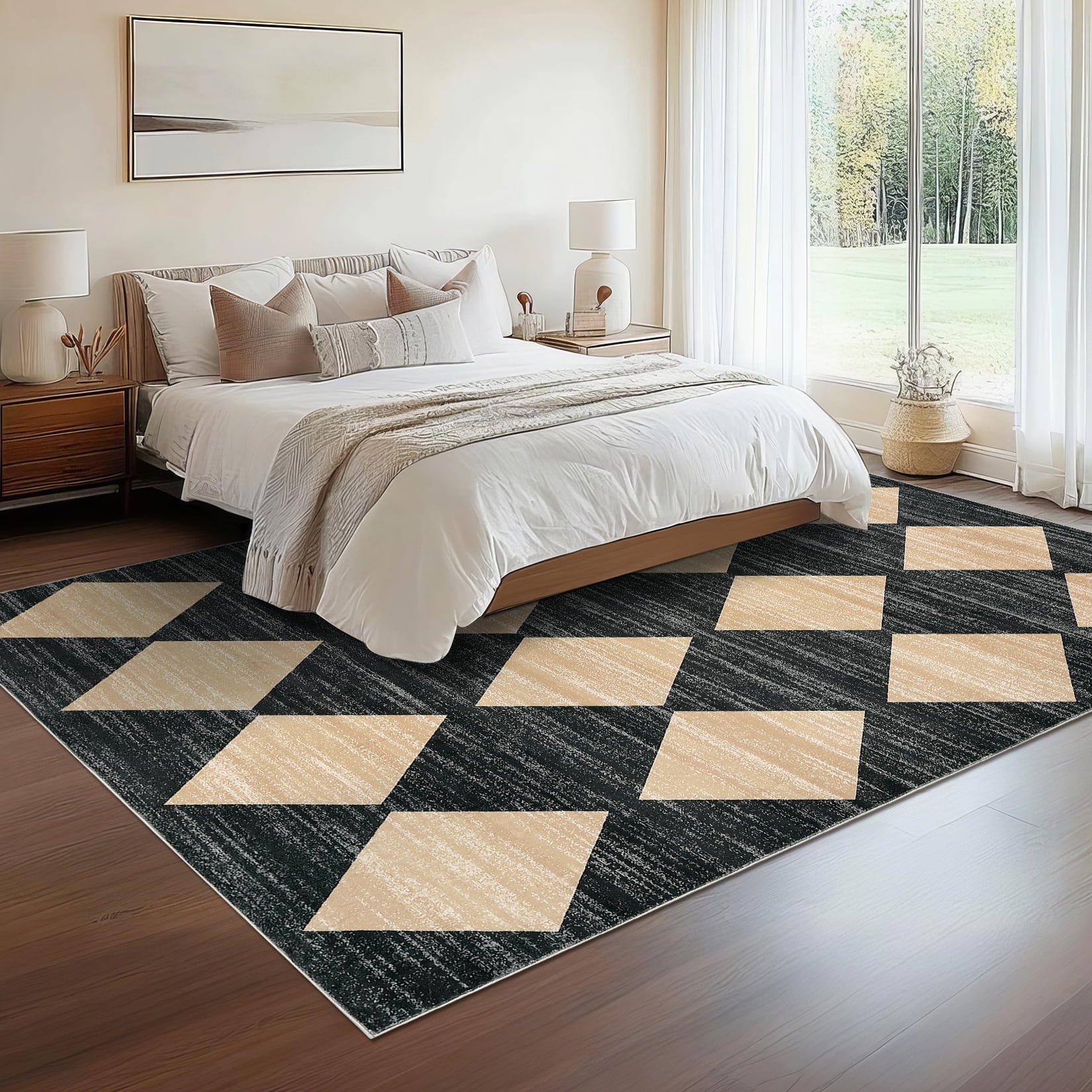 Garvee 8x10ft Geometric Diamond Area Rug, Machine Washable Rug Stain Resistant Indoor Carpet With Non-Slip Backing, Soft Low Pile Rug for Living Room Bedroom Home Office, Black Camel