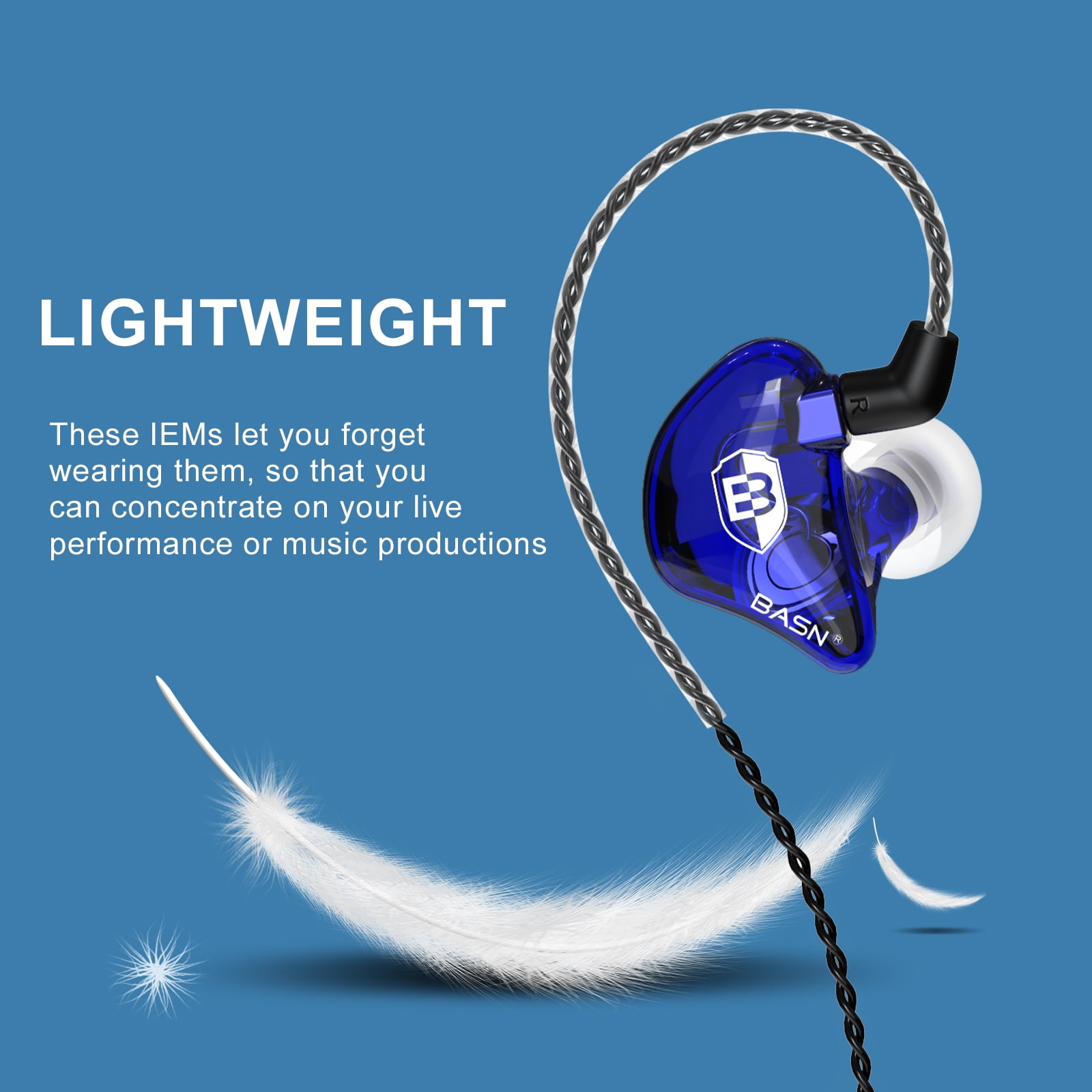 BASN Bsinger BC100 in-Ear Monitor Headphones Dual Dynamic Drivers Noise Isolating Earphones with Removable MMCX Cable IEMs for Musicians Drummer (Blue)