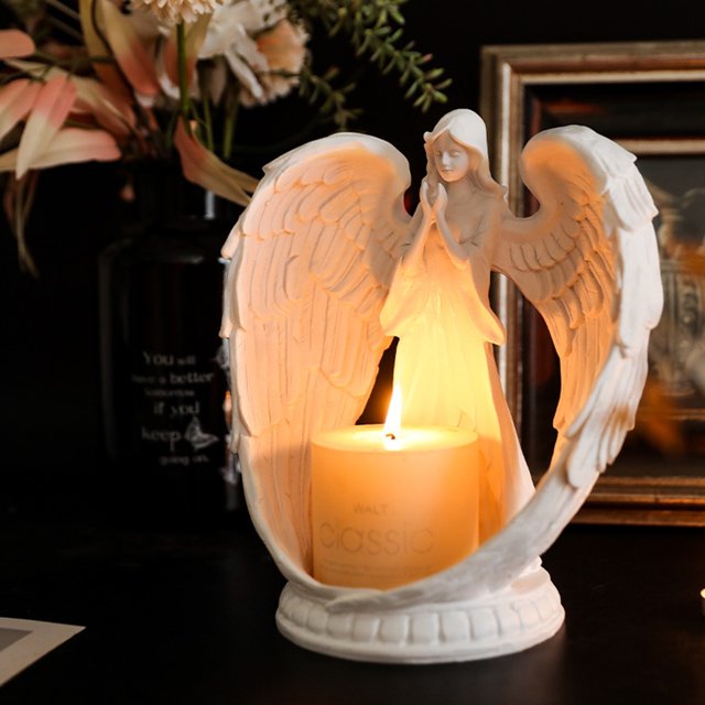 Resina Ángel Candelero Estatua Adorno Atmósfera Prop para Boda (Blanco L)