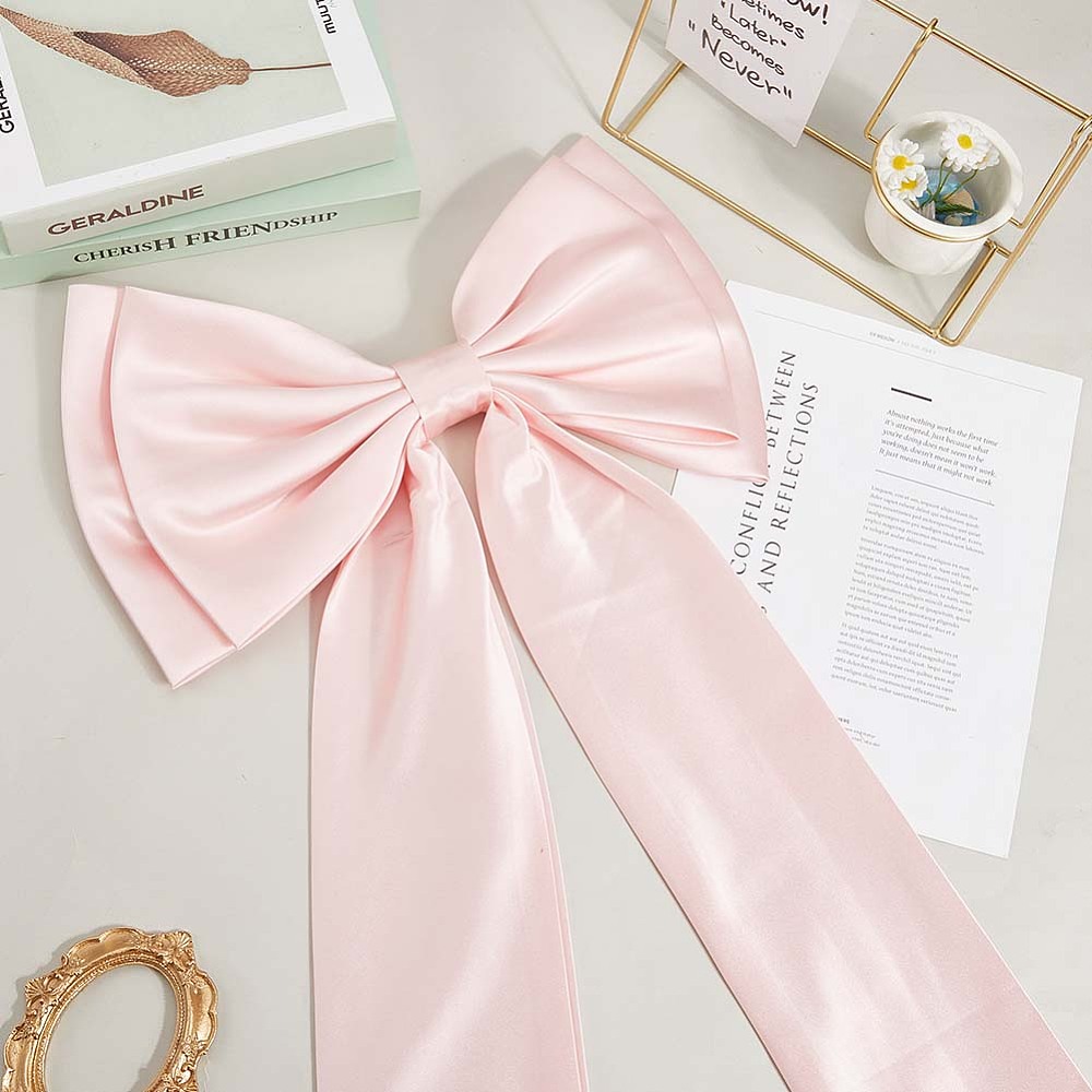 Pink Large Wedding Pew Bows with Long Tails Long Black Satin