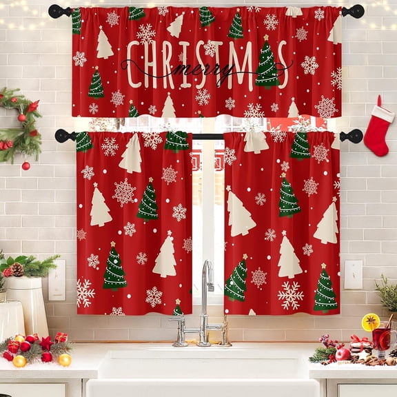 Merry Christmas Kitchen Window Curtains and Valances Set 36 Inch, Xmas Tree Snowflake Winter Holiday Short Tier Curtain for Cafe Living Room Bathroom, Red 3 Pieces Set Kitchen Decor