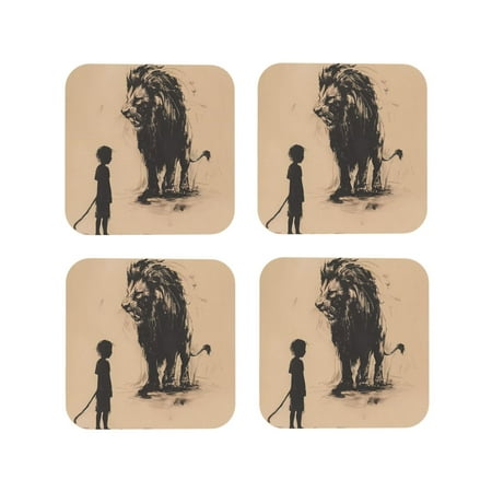 

Fuzoiu Child And Lion Sketch Print Leather Coasters Set Drink Coasters Set of 4 for Tabletop Protection Durable PVC Coasters Home Décor and Housewarming Gift-Square