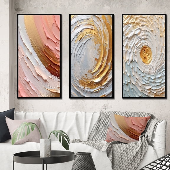 Designart "Spiral Radiance Peach Gold Brilliance" Abstract Spirals Framed Wall Art Set Of 3 - Peach Spirals Frame Canvas Set For Living Room Decor