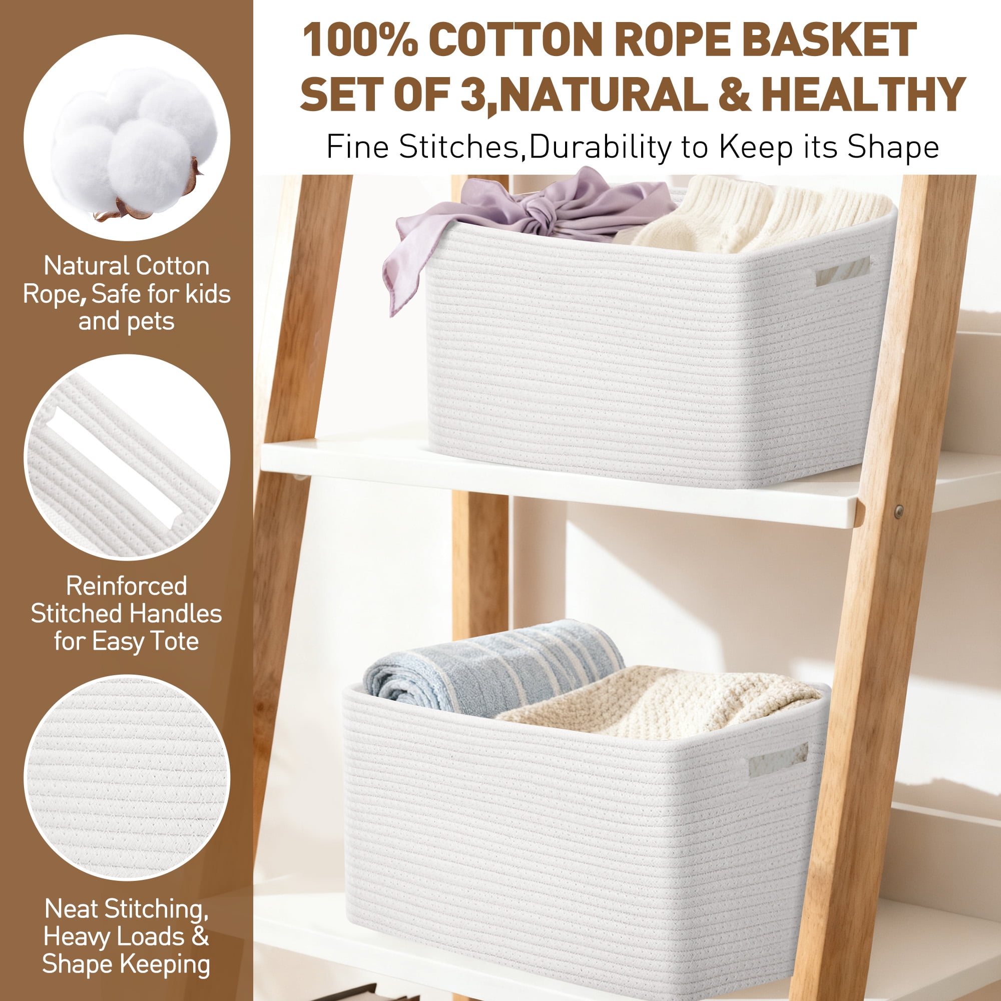 XUEYU 3 Pack Woven Baskets , 11”x11”x9” Cotton Rope Baskets, 18L Blanket Baskets for Storage, Cube Bin Square Shelves Organizer, Toy Basket or Storage Bins for Living Room, Baby Nursery(White)