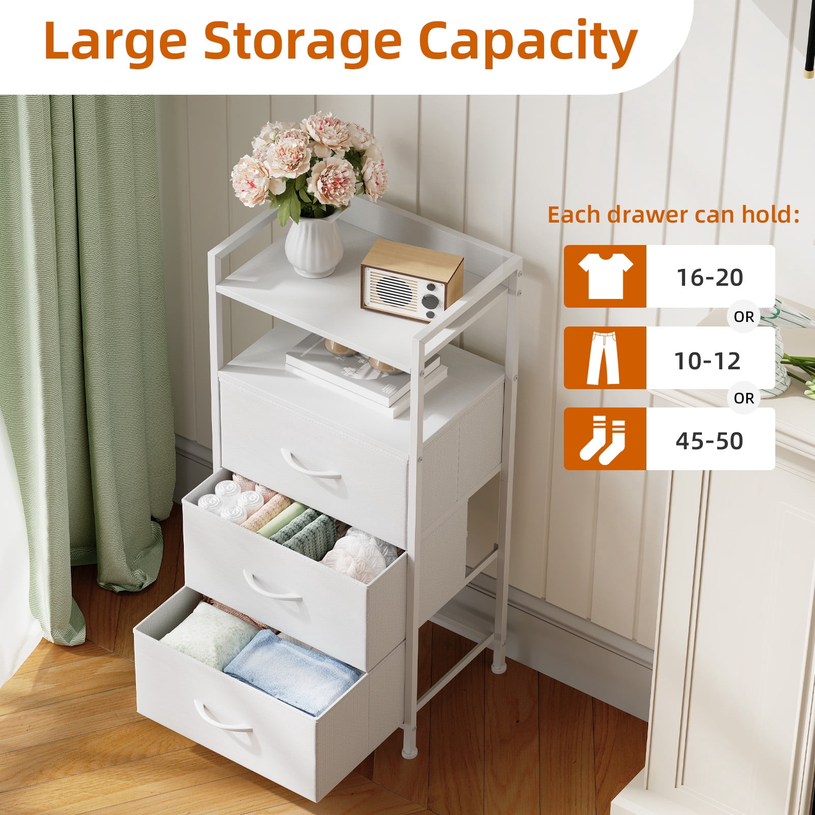 Eunos Small White Nightstand, 3 Vertical Fabric Drawer Dresser for Bedroom, Living Room, Hallway