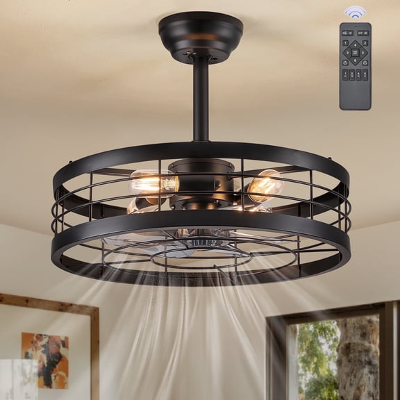 Zardon 20" Black Caged Ceiling Fan with Light and Remote Control, Farmhouse Quiet DC Motor, 6 Speeds and 3 Color Temperatures for Bedroom, Kitchen, Office