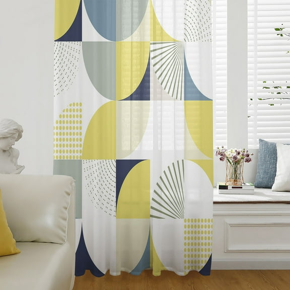 Yellow Geometric Semi Sheer Curtains Drapes for Living Room, Bedroom, French Doors Window 96 Inches Long, Middle Century Modern Abstract Art Rod Pocket Chiffon Curtain Drapery Voile Draperies Panel