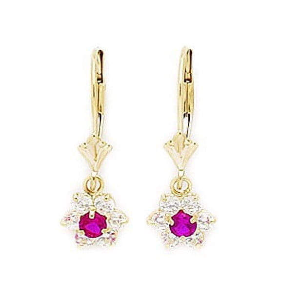 14k Yellow Gold July Red CZ Small Flower Drop Leverback Earrings - Measures 23x8mm