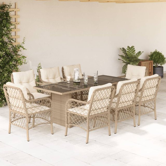 vidaXL 9 Piece Garden Dining Set with Cushions Beige Poly Rattan