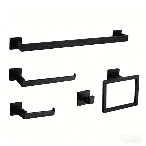 Matte Black 5-Piece Square Bathroom Hardware Set,40cm Towel Bar,Toilet Paper Holder,Towel Ring,and 2 Towel Hooks,SUS 304 Stainless Steel Bathroom Accessories,Wall Mounted Towel Rack Kit（Black）
