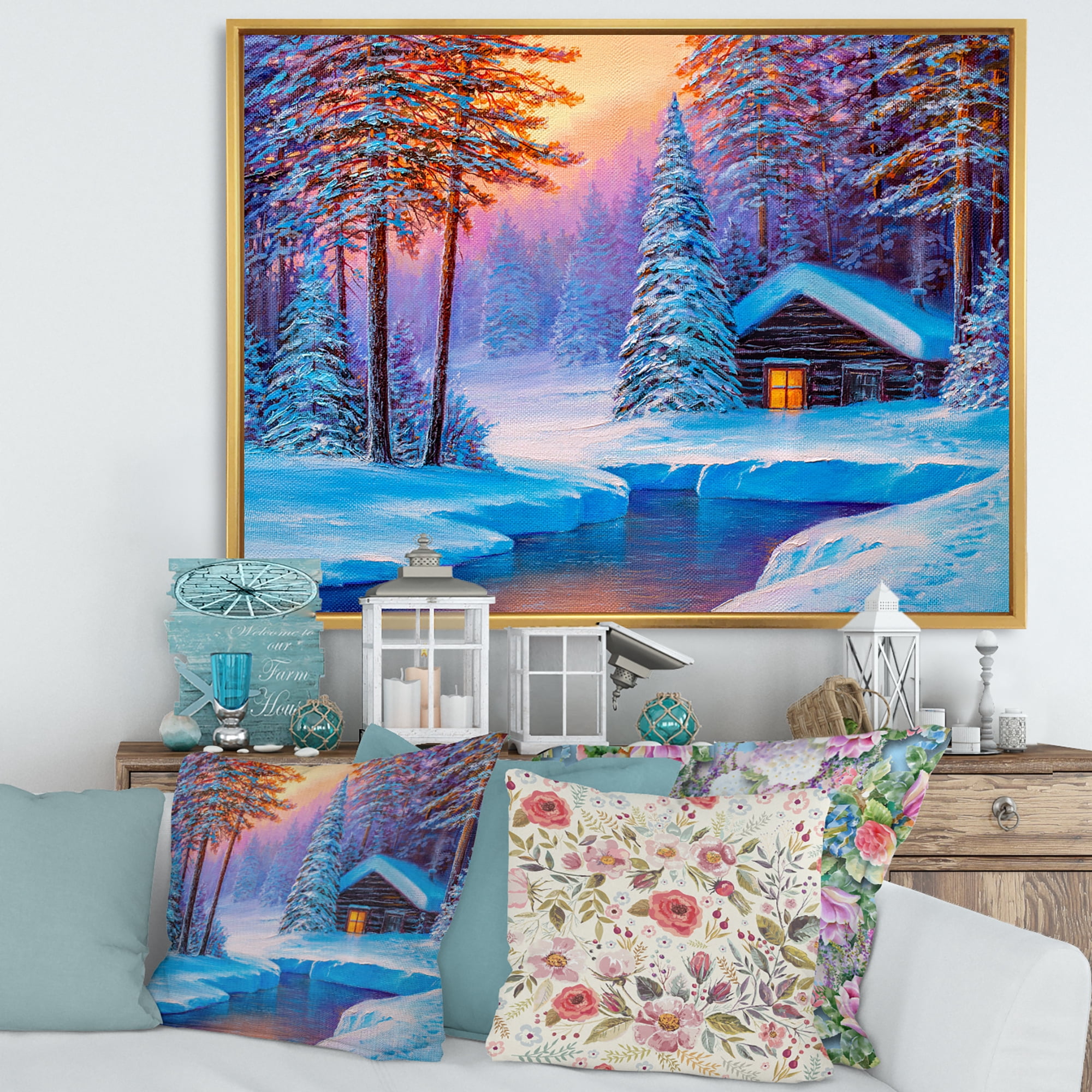 Designart 'Old Cabin In Winter Forest In Evening Glow I' Traditional Framed Canvas Wall Art Print