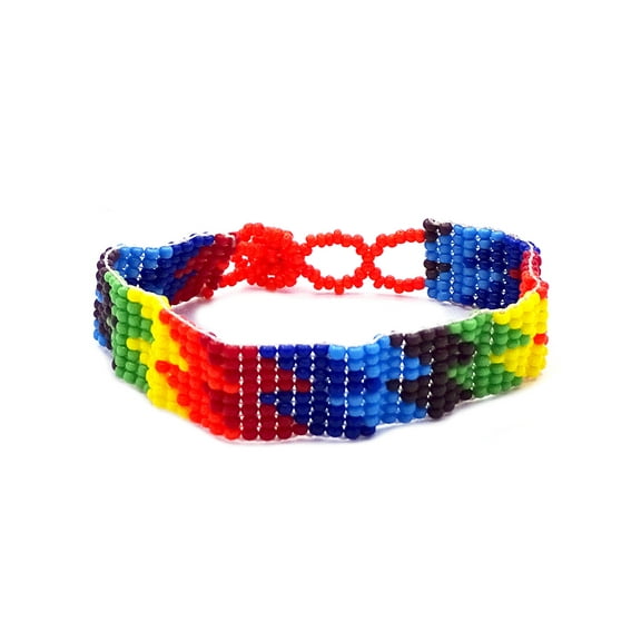 Rainbow Geometric Pattern Guatemalan Czech Glass Seed Beaded Thin Strap Bracelet - Womens Fashion Handmade Jewelry Boho Accessories