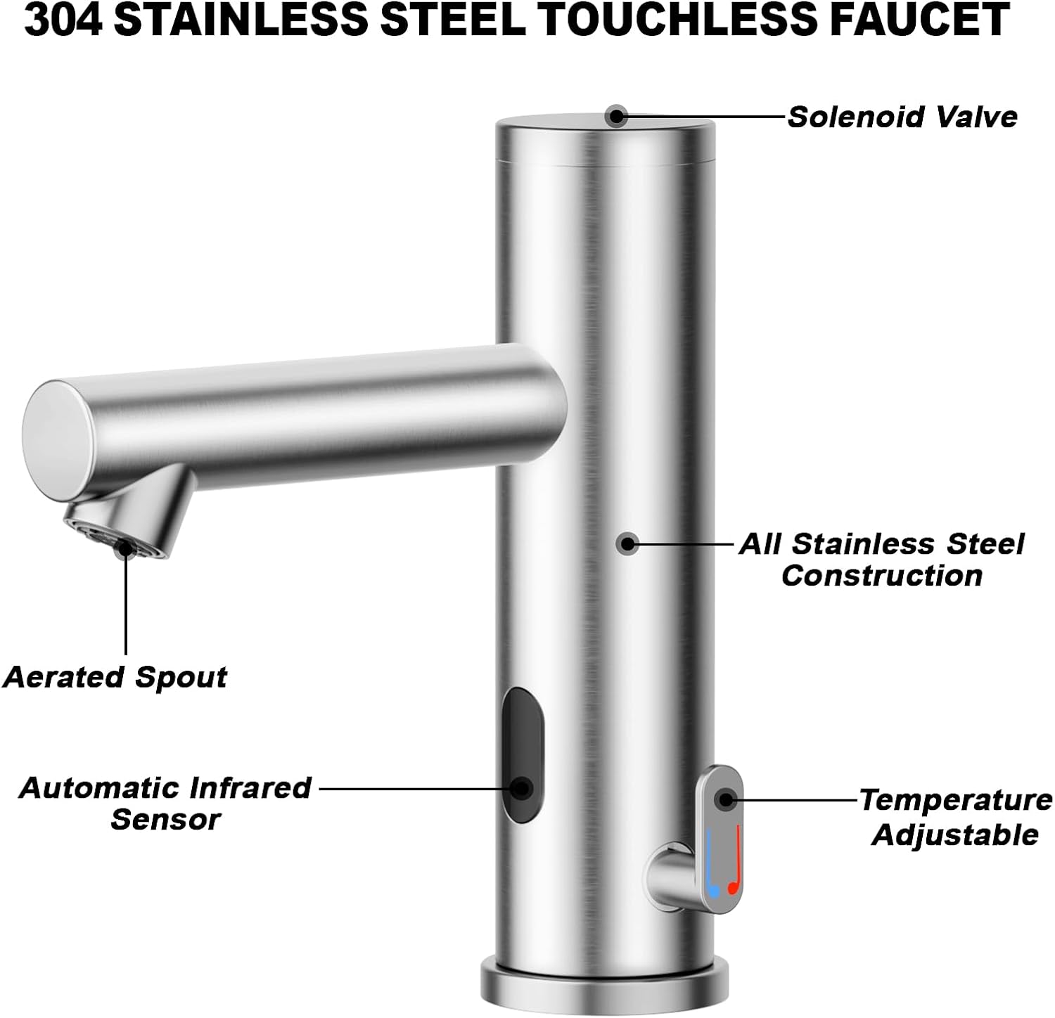 Achelous stainless steel automatic touchless bathroom sink faucet, hands free infrared sensor basin faucet with temperature control, battery powered sensor bathroom tap