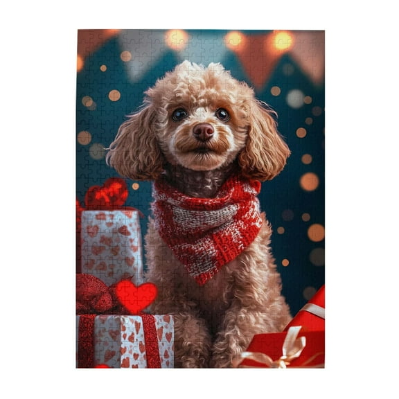 Poodle Scarf Hearts Celebration 500-Piece Wooden Jigsaw Puzzle for Adults, Fun & Challenging Family Game, Stylish Wall Decor & Holiday Gift