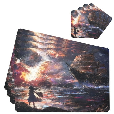 

Wobogo Lass Waiting for The Boat Placemats Coasters Set of 4 Heat-resistant Non-slip Easy to Clean Square Dinner Plate Mat
