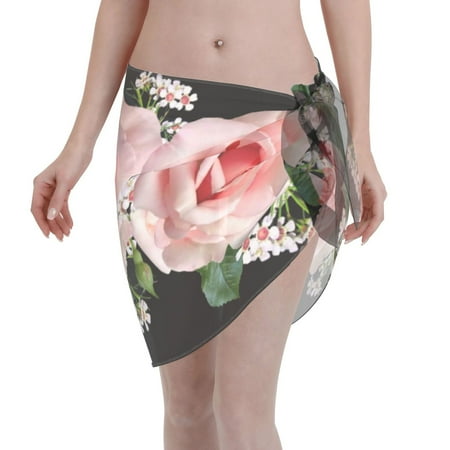 Disketp Pink Roses Women Swimsuit Cover Up Short Chiffon Summer Beach Sarong Bikini Wrap Skirt Bathing Suit