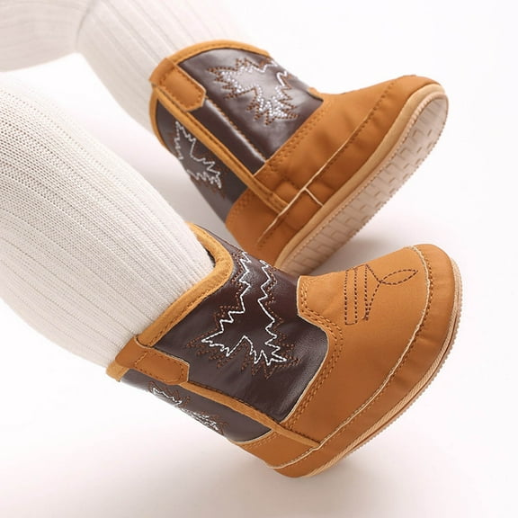 XIMIN Toddler Boys and Girls Leather Soft Sole Cowboy Boots Western Boots for Baby Newborn Prewalker Non Slip Shoes Footwear with Embroidery (3-6 Months, Brown)