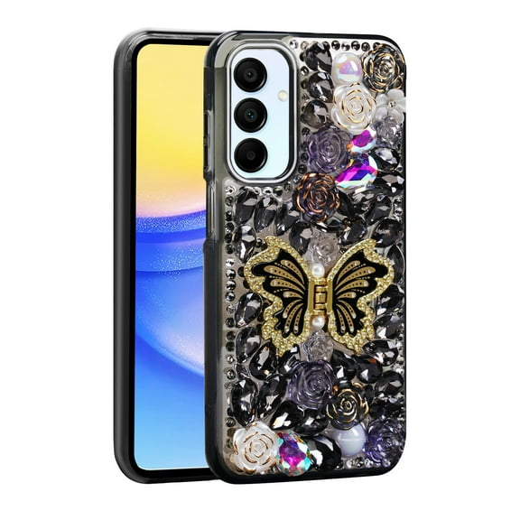 For Samsung Galaxy A25 5G / SM-A256 Luxury Diamond Rose 3D Butterfly Kickstand Design With Strap Raised Lip Screen Camera Protection Shockproof Case Cover Black