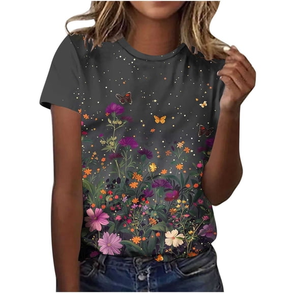 Yotami Women's Plus Size Graphic Top Floral Print Short Sleeve Summer Blouse for Weekend Crewneck Loose Fit T-Shirt Multicolor XXXXXL