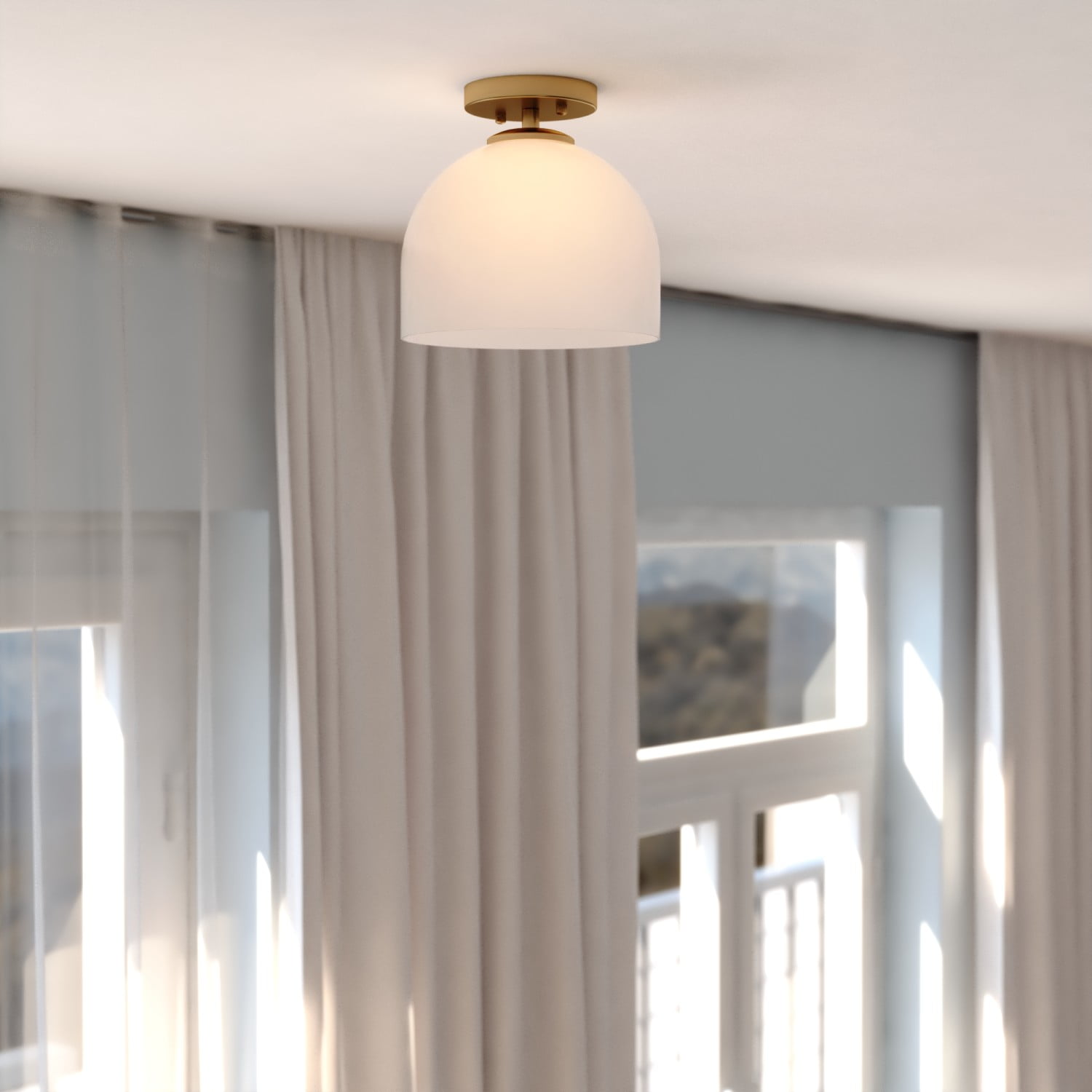 Shelby 9.25-in W Gold Brass Transitional Semi Flush Mount Ceiling Light White Glass