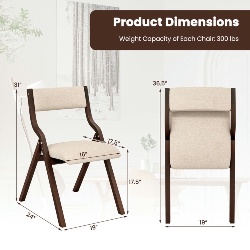 Demi Bonn Set of 2 Wooden Folding Dining Chair with Linen Fabric Padded Seat and Backrest, Brown