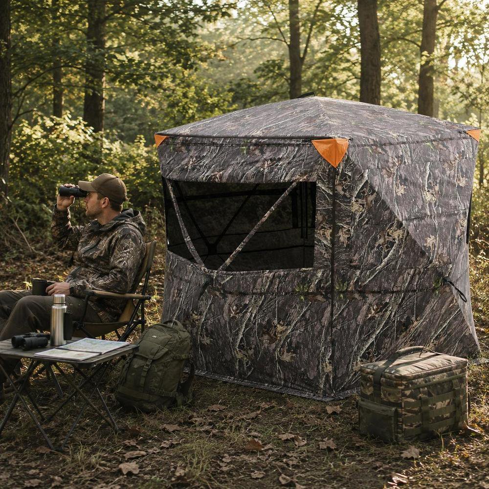 Hunting Blind 360 degree see through 4-5 person portable camouflage tent with silent zipper door and carrying bag