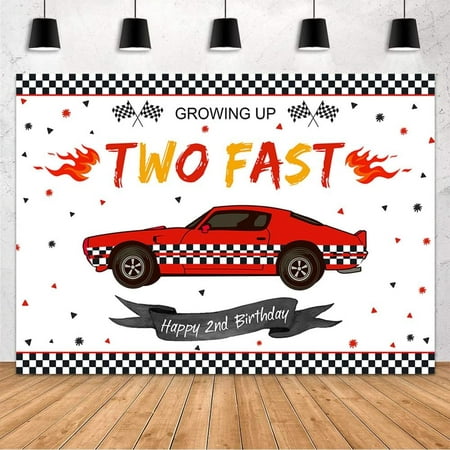 Image of MEHOFOND Two Fast Birthday Backdrop Racing car 2nd Birthday Party Decor Supplies Banner for Kids Boy Cake Table