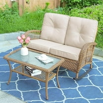 MEETWARM Outdoor Double Rocking Chair with Coffee Table, Oversized Loveseat Rocker with Thick Cushion for 2-Person，All-Weather 600 lbs Heavy Duty Rocking Bench Large Loveseat Patio Sofa for Garden