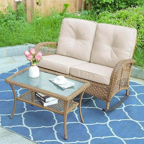 MEETWARM Outdoor Double Rocking Chair with Coffee Table, Oversized Loveseat Rocker with Thick Cushion for 2-Person，All-Weather 600 lbs Heavy Duty Rocking Bench Large Loveseat Patio Sofa for Garden