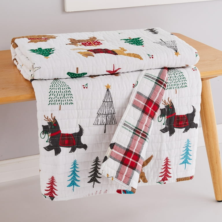 Levtex Home Merry Bright Collection Jingle Paws Throw Christmas Dogs Red Green and White Quilt 50x60in. and Sham 50x60in. Polyester