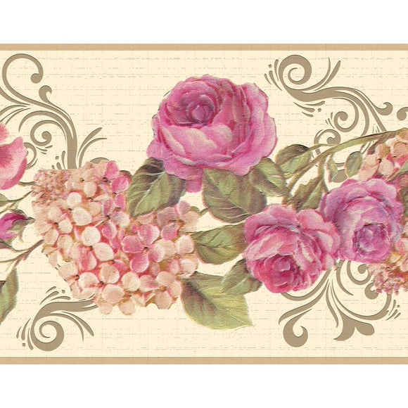 Dundee Deco's Peel and Stick Wallpaper Border - Floral Pink, Cream Roses, Hortensia, Scrolls Wall Border Retro Design, 15 ft x 7 in (4.57m x 17.78cm), Self Adhesive