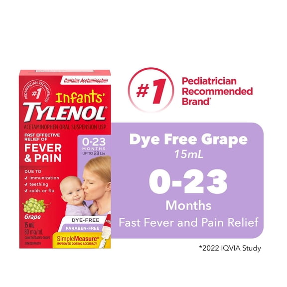 Tylenol Infants' Medicine, Relief of fever & pain, 0-23 Months, Dye-Free Grape Suspension liquid, Acetaminophen 80mg