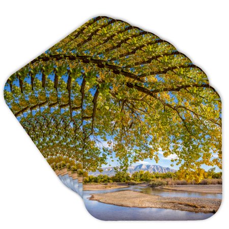 3drose, Usa, New Mexico. Sandia Mountains and Rio Grande River in Autumn., Set of 8 Coasters - Cork