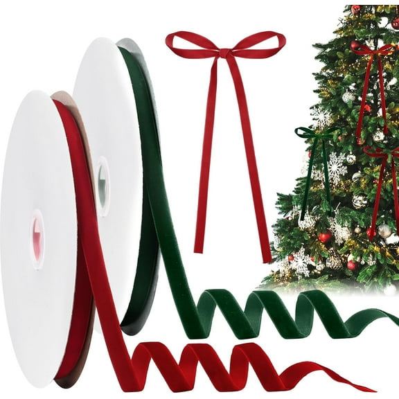 2 Rolls 20 Yard Christmas Velvet Ribbon for Gift Wrapping Christmas Tree Ornaments Fireplace Garland Decoration Wreath Craft Bow Making(3/8 Inch,Red,Green)
